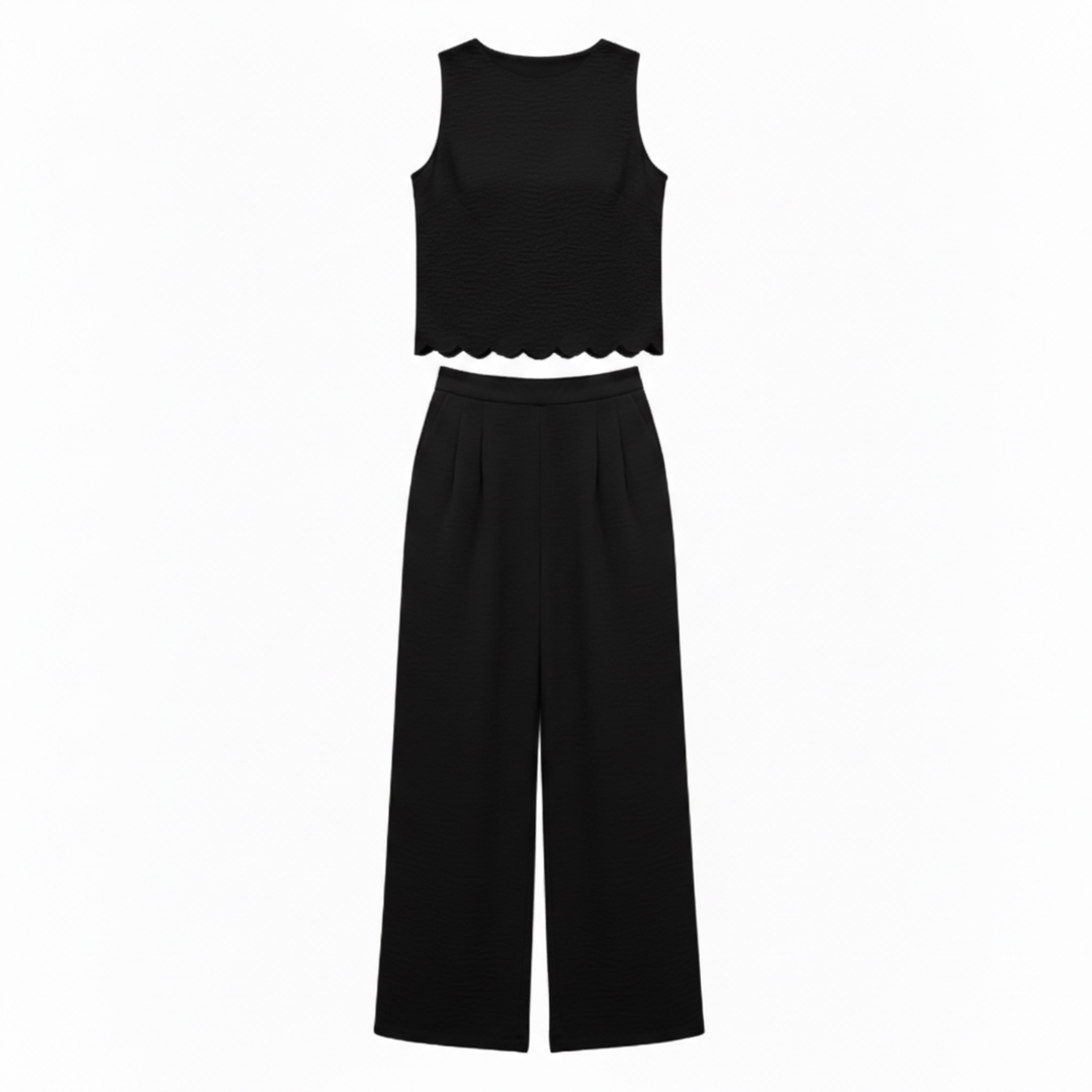 Two Piece Set Sleeveless Shell Trim Top Ankle Length Wide Leg Pants