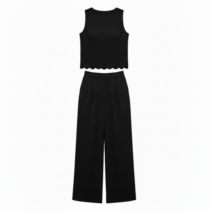 Two Piece Set Sleeveless Shell Trim Top Ankle Length Wide Leg Pants