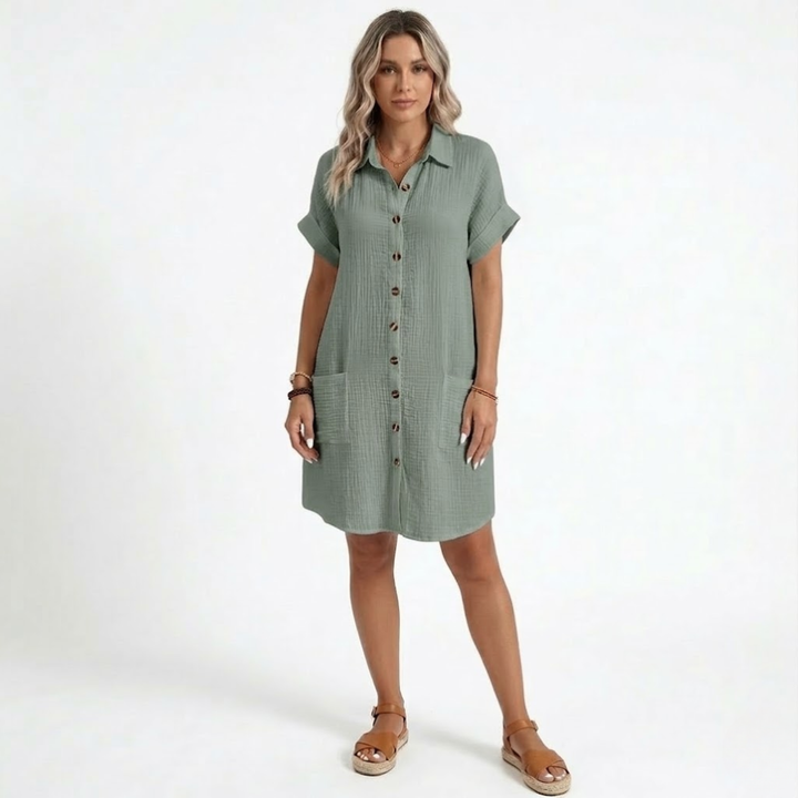 Mini Dress V Neck Three Quarter Sleeve Relaxed Summer Style