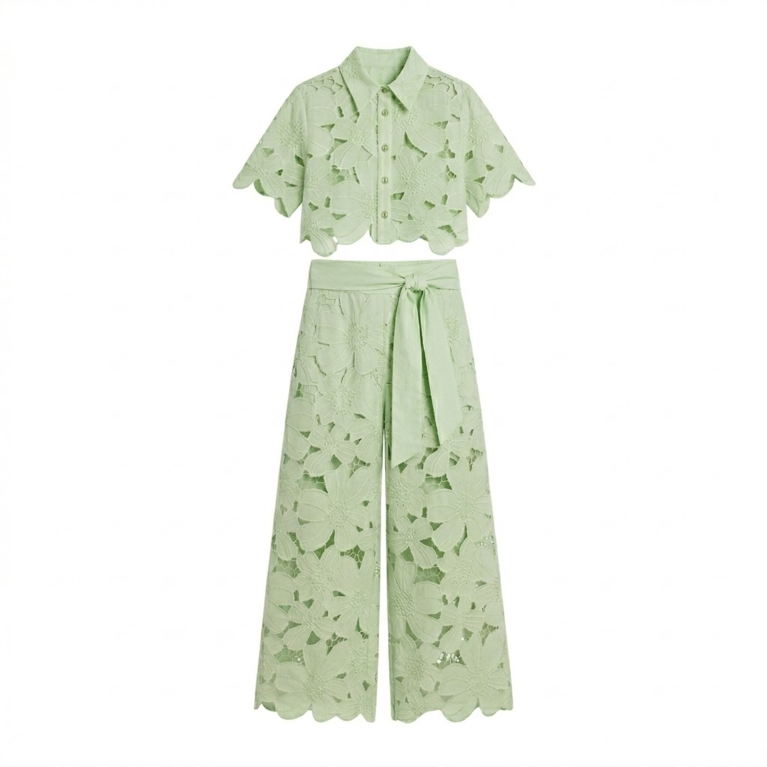 Two Piece Set Lace Top Wide Leg Pants Elegant Style