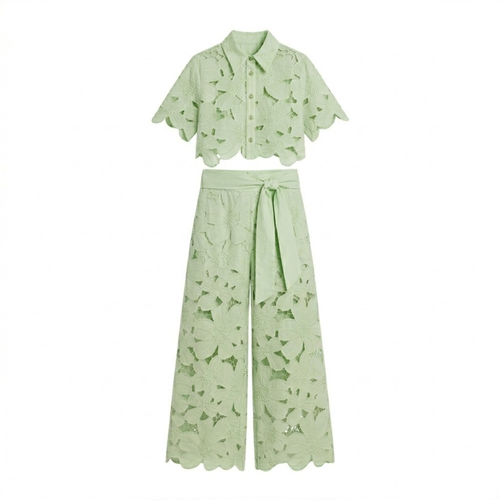 Two Piece Set Lace Top Wide Leg Pants Elegant Style