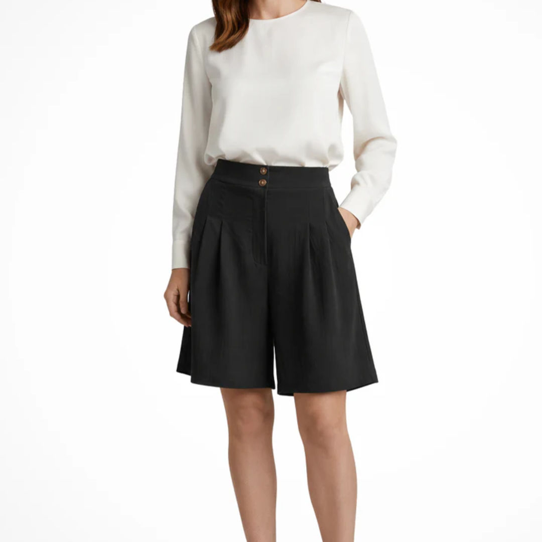 Bermuda Shorts High Waist Structured Wide Leg Pleated Elegant Style