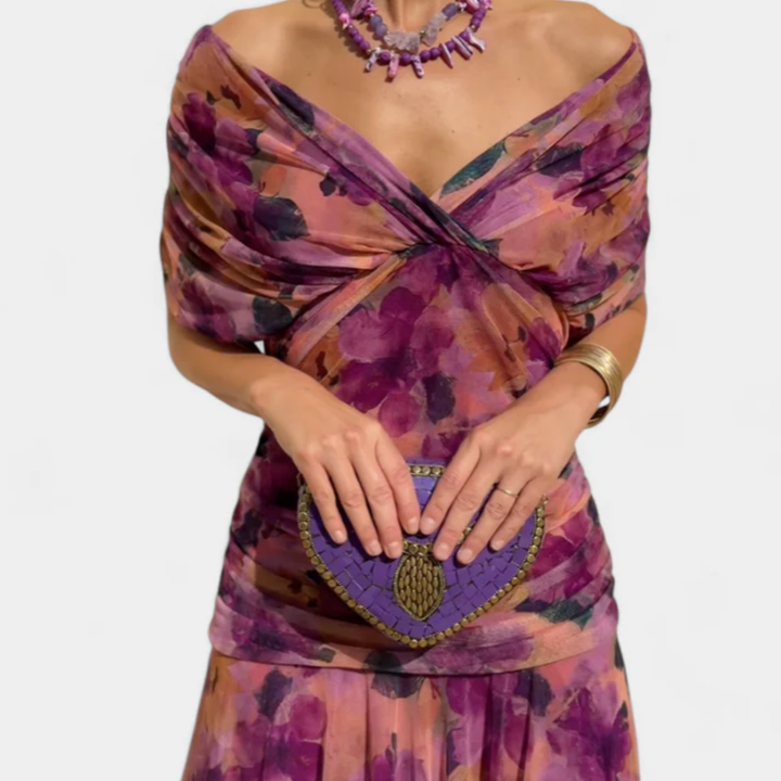 Maxi Dress Flared Skirt V Neck Floaty Sleeve Occasion Style
