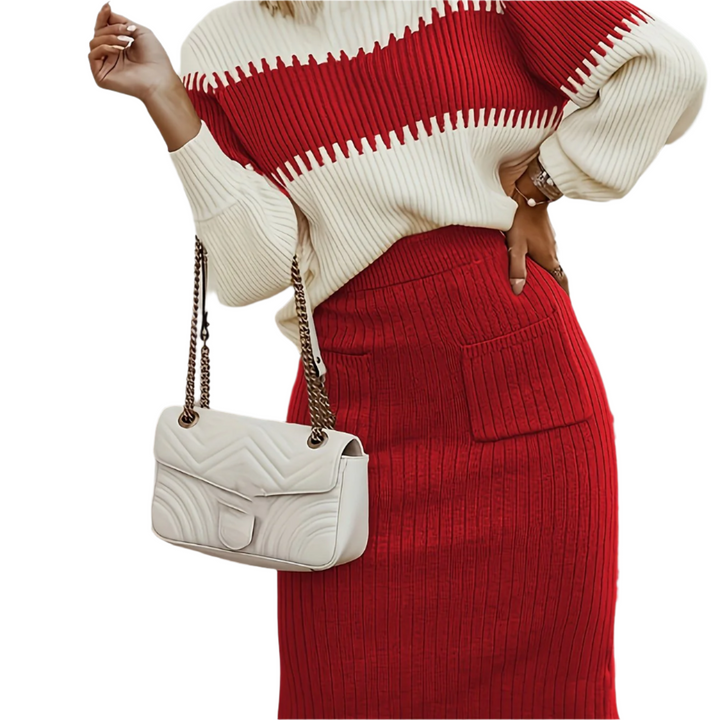 Two Piece Set Color Block Knit Sweater Midi Skirt Elegant Style