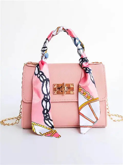 Top Handle Handbag with Scarf Handle and Chain Strap for Women