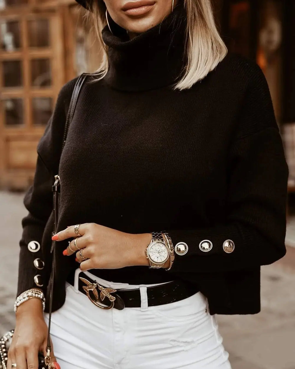 Womens Turtleneck Jumper with Batwing Sleeves and Relaxed Fit