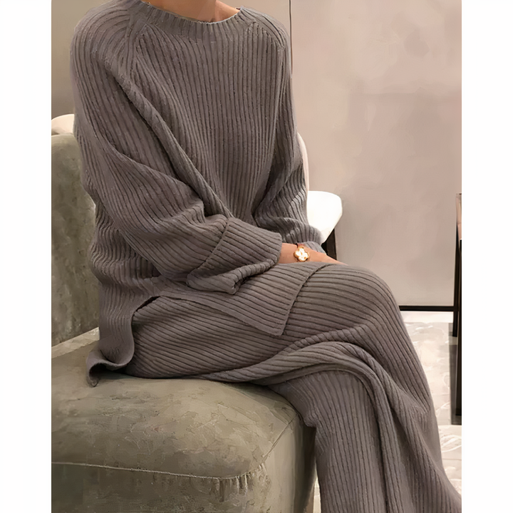Two Piece Set Ribbed Knit Sweater Wide Leg Trousers Lounge Style