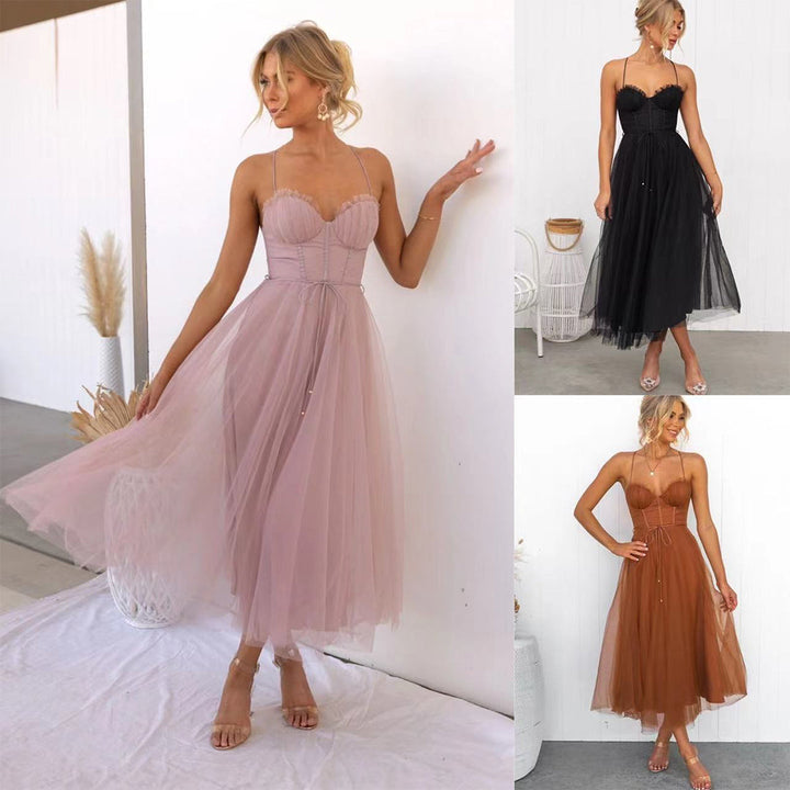 Midi Dress for Women with Thin Straps, Corset Waist, Bustier and Tulle Skirt
