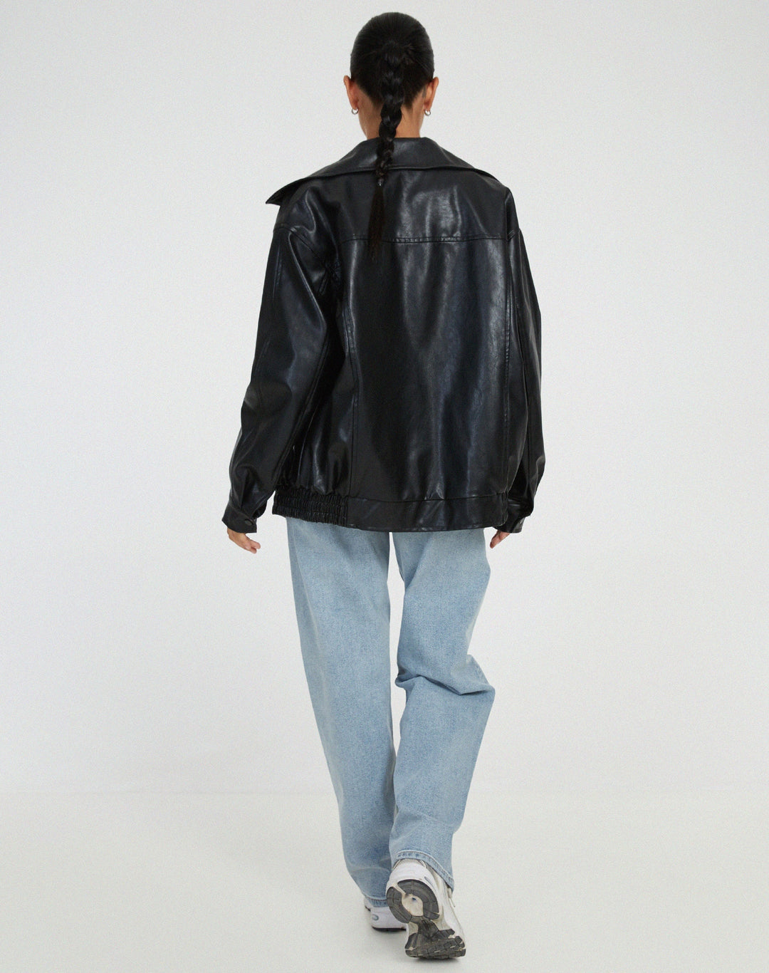 Womens Oversized Faux Leather Jacket with Zip Front and Drop Shoulders