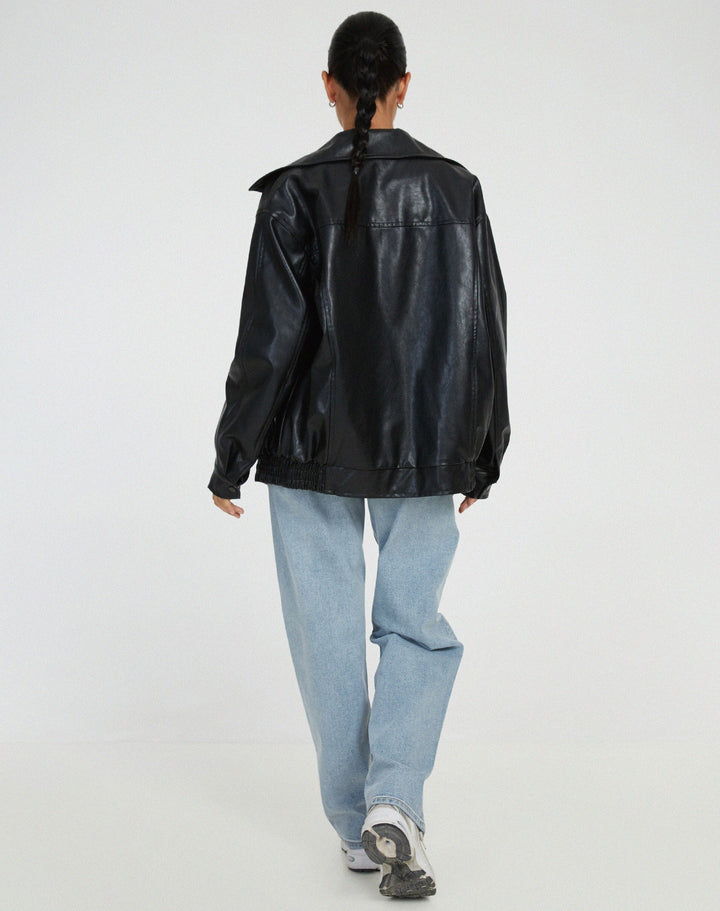Womens Oversized Faux Leather Jacket with Zip Front and Drop Shoulders