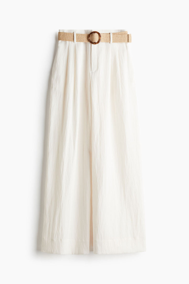 Trousers Belted Waist Relaxed Fit Wide Leg Elegant Style