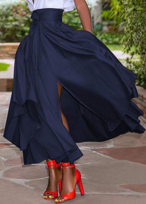 A-Line Maxi Skirt Tie Belt Asymmetrical Hem Elegant Style