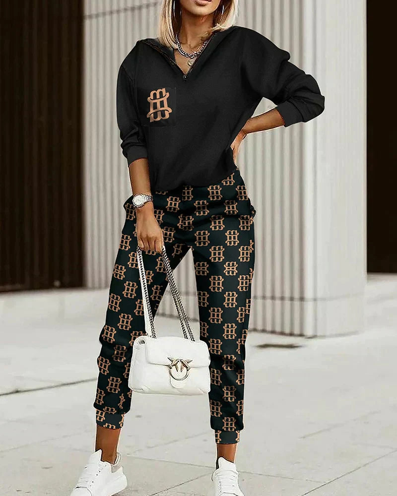 Two Piece Set Printed Zip Up Top Jogger Trousers Casual Sport Style