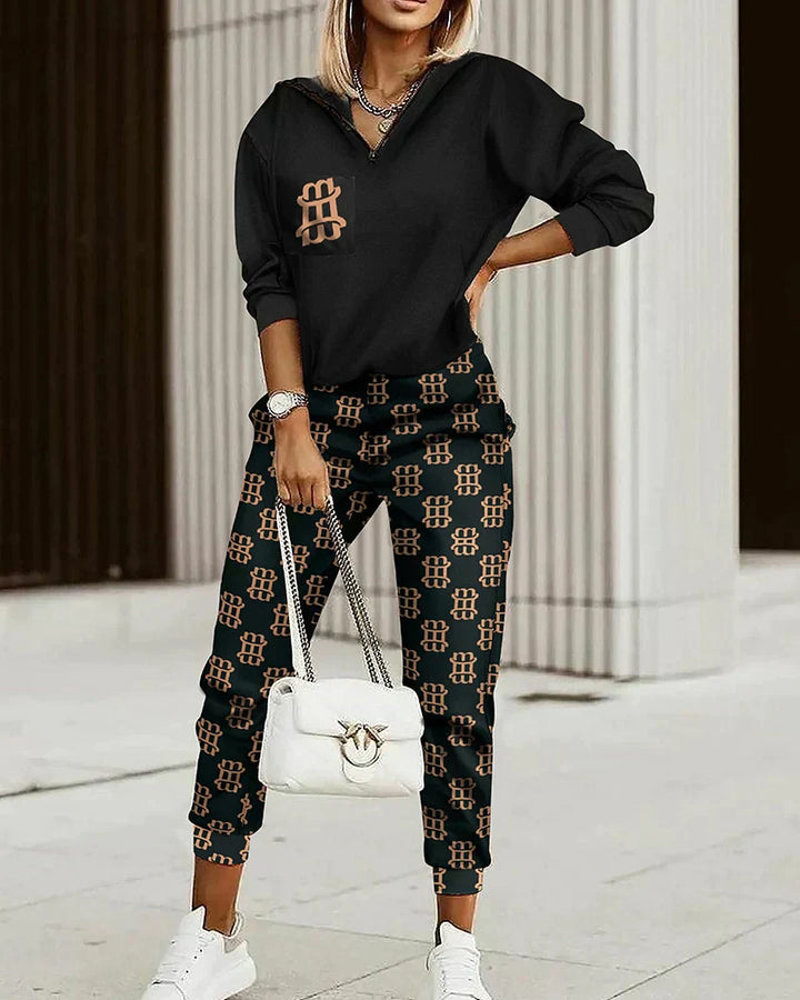 Two Piece Set Printed Zip Up Top Jogger Trousers Casual Sport Style
