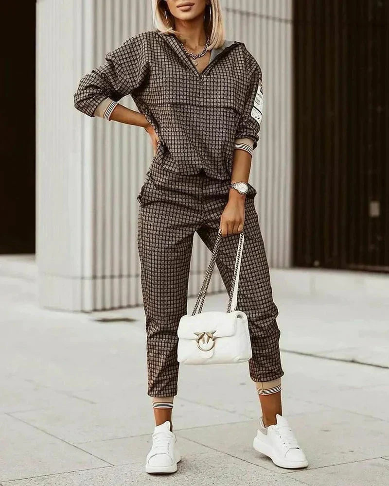 Two Piece Set Printed Zip Up Top Jogger Trousers Casual Sport Style