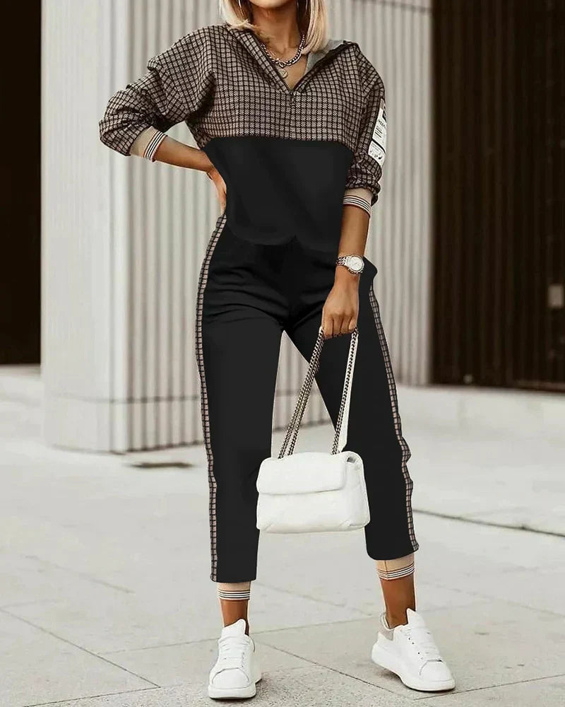 Two Piece Set Printed Zip Up Top Jogger Trousers Casual Sport Style