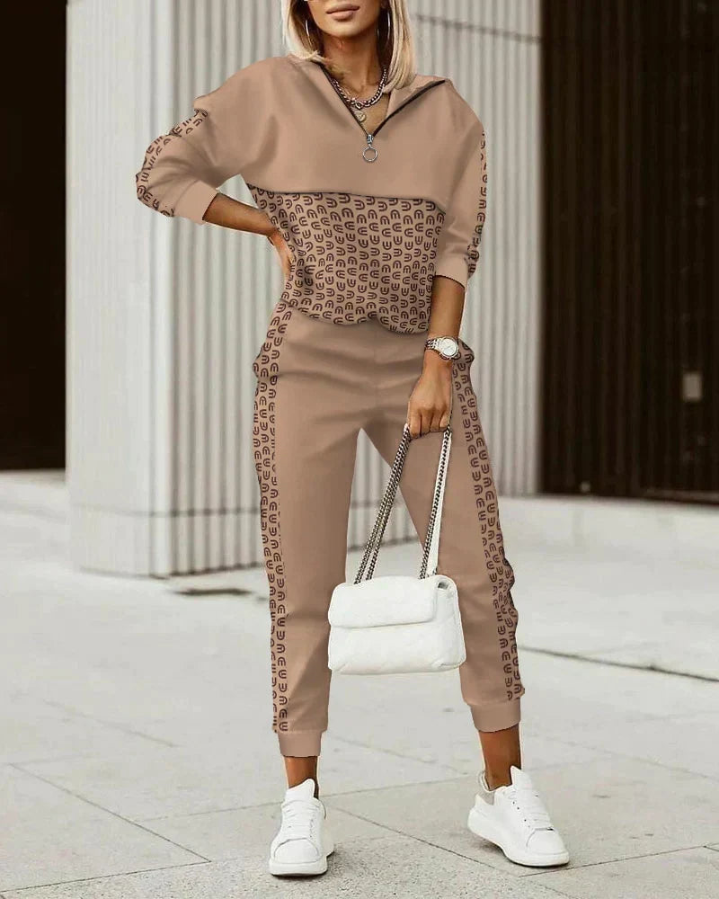 Two Piece Set Printed Zip Up Top Jogger Trousers Casual Sport Style