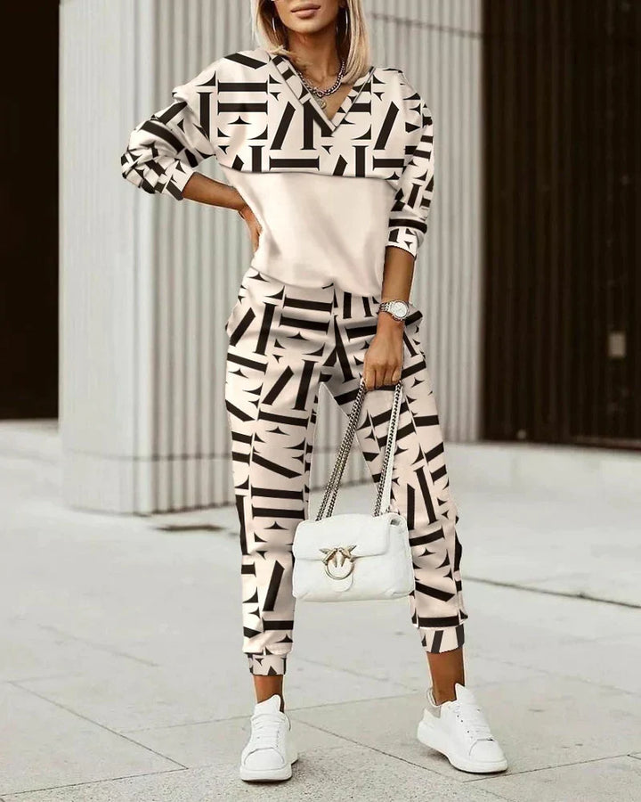Two Piece Set Printed Zip Up Top Jogger Trousers Casual Sport Style