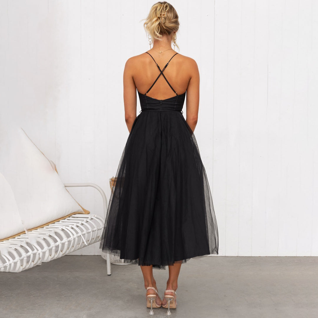 Midi Dress for Women with Thin Straps, Corset Waist, Bustier and Tulle Skirt