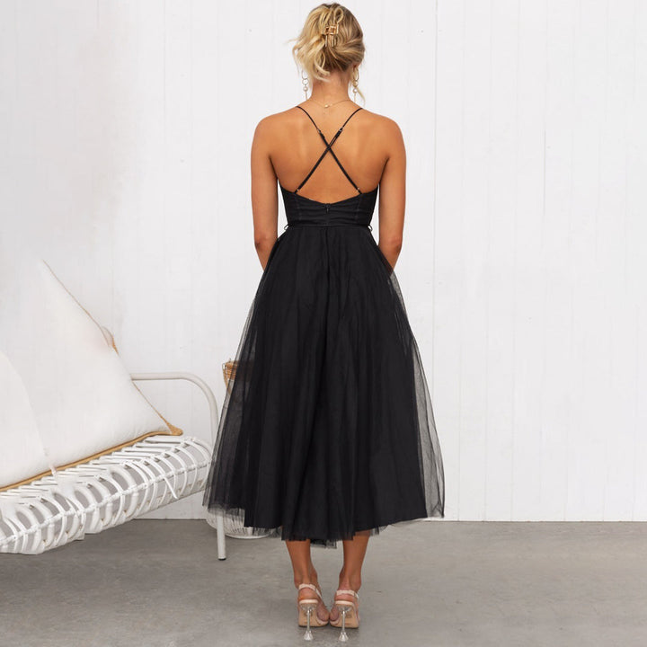 Midi Dress for Women with Thin Straps, Corset Waist, Bustier and Tulle Skirt