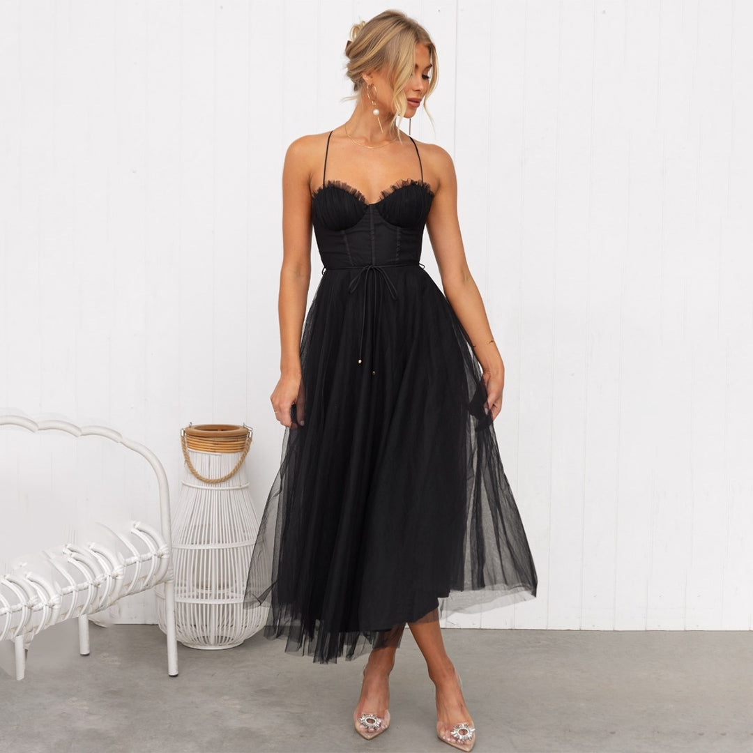 Midi Dress for Women with Thin Straps, Corset Waist, Bustier and Tulle Skirt