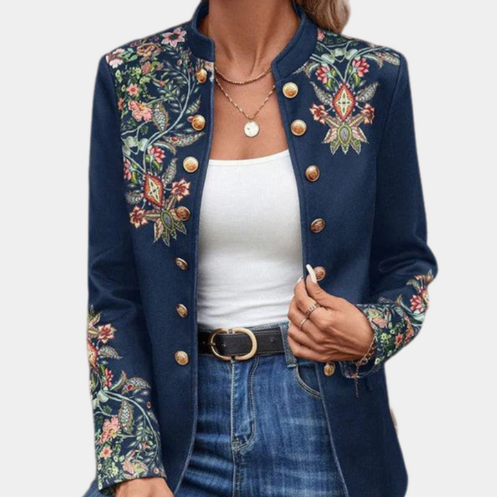 Blazer Floral Embroidery Gold Button Tailored Elegant Statement Style