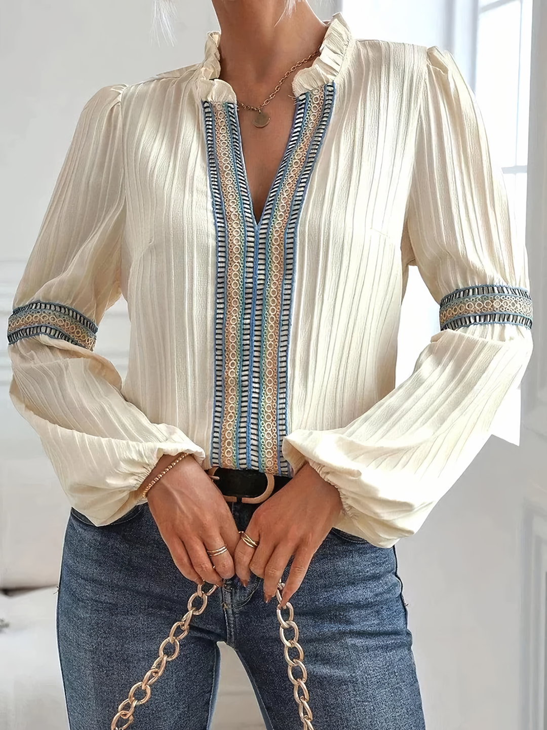 Blouse Embroidered Detail Long Sleeve V Neck Elegant Style