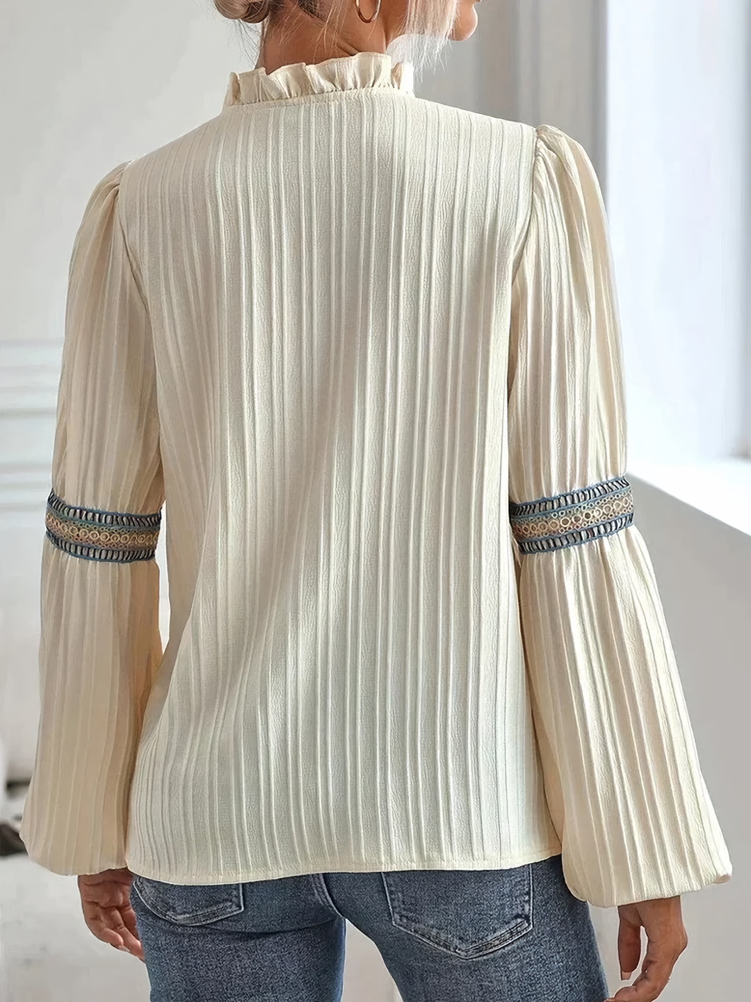Blouse Embroidered Detail Long Sleeve V Neck Elegant Style