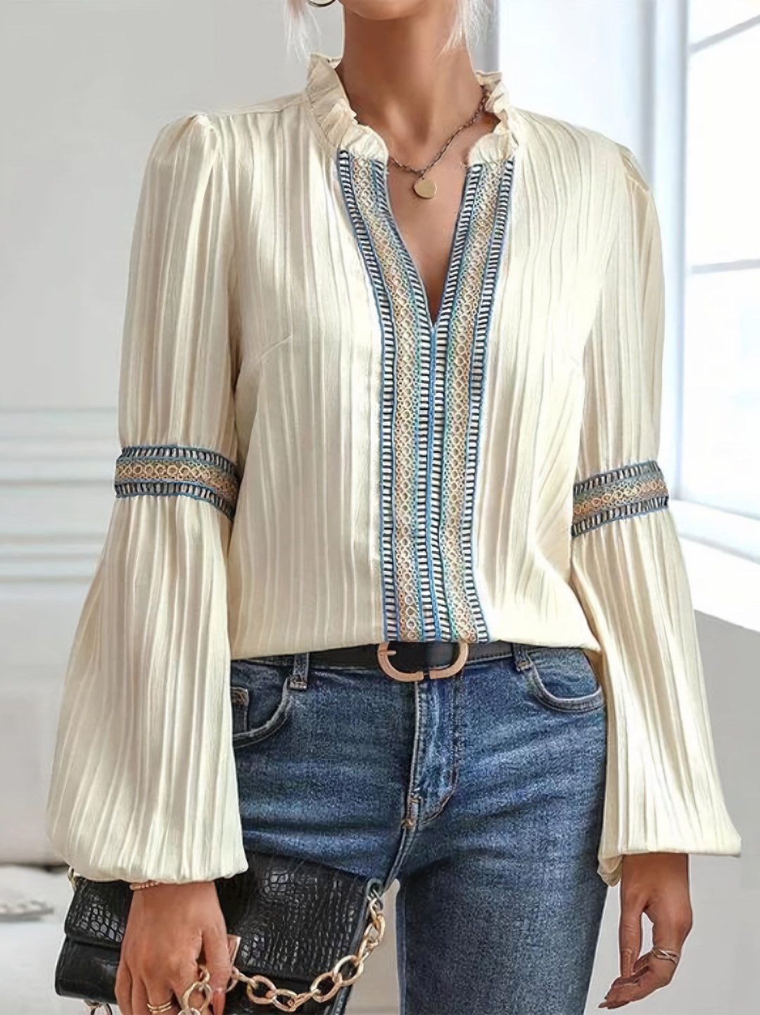 Blouse Embroidered Detail Long Sleeve V Neck Elegant Style