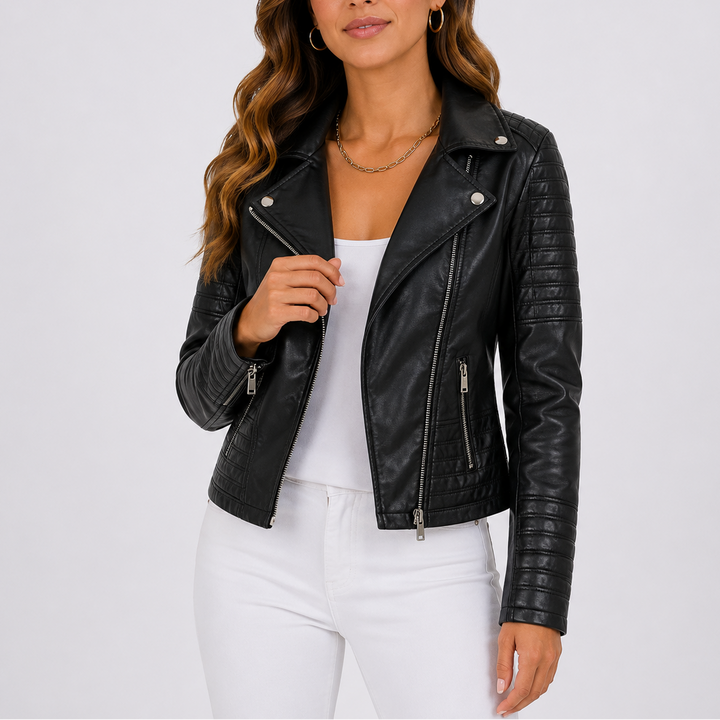 Womens Biker Faux Leather Jacket with Asymmetric Zip Front and Lapel Collar