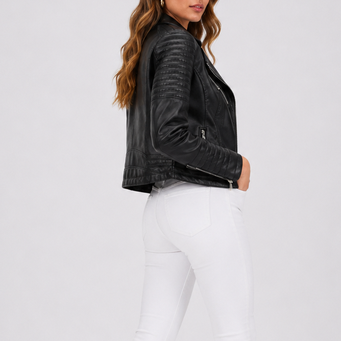 Womens Biker Faux Leather Jacket with Asymmetric Zip Front and Lapel Collar