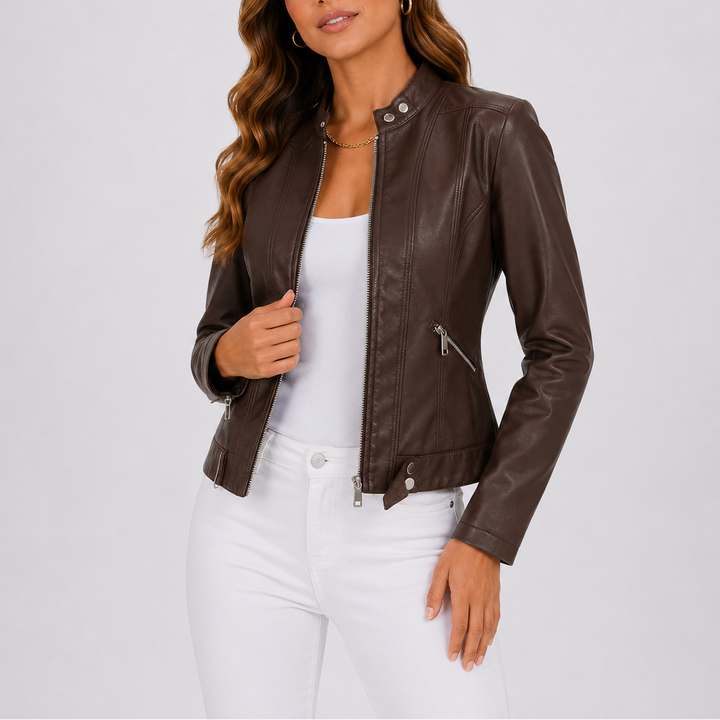 Womens Faux Leather Jacket with Zip Front and Stand Collar