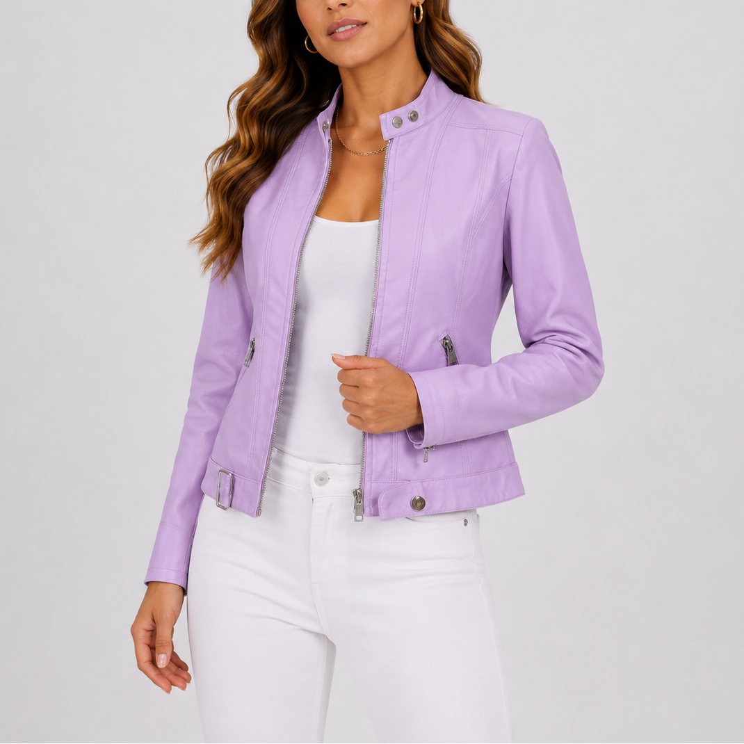 Womens Faux Leather Jacket with Zip Front and Stand Collar