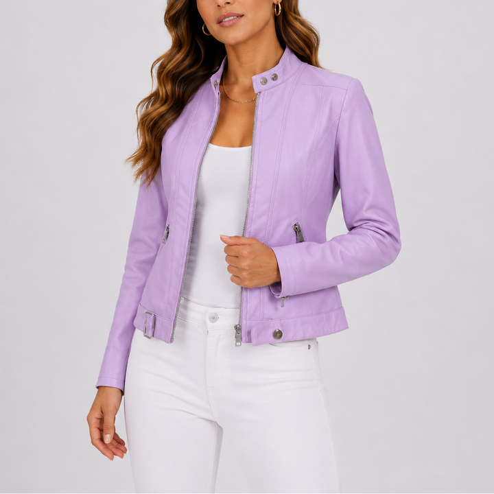 Womens Faux Leather Jacket with Zip Front and Stand Collar