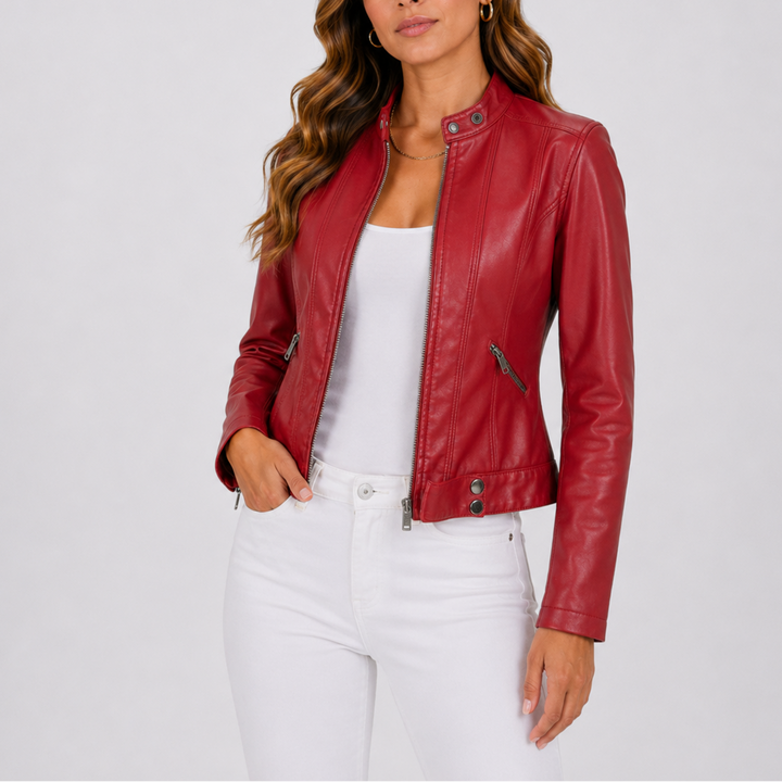 Womens Faux Leather Jacket with Zip Front and Stand Collar