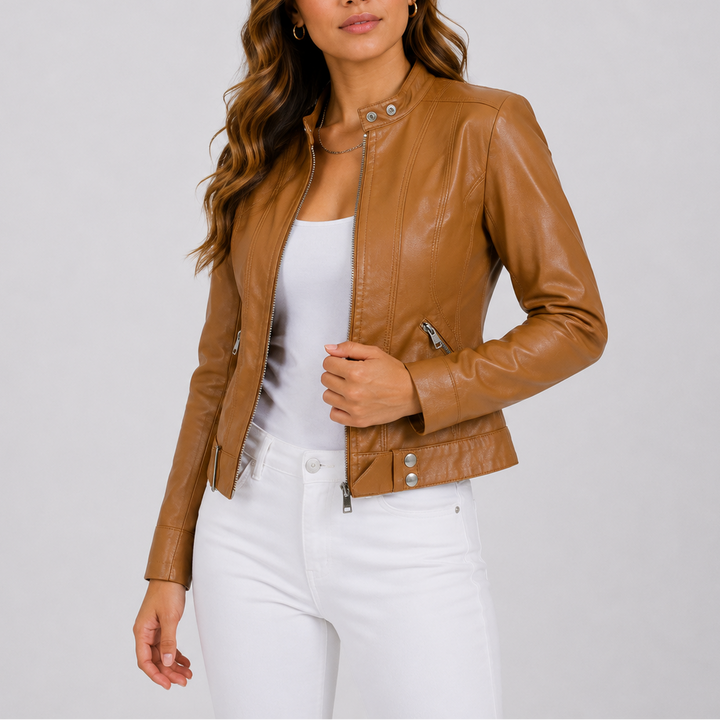 Womens Faux Leather Jacket with Zip Front and Stand Collar