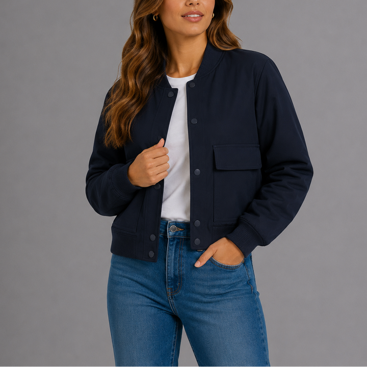 Womens Bomber Jacket with Round Neck Zip Front and Patch Pockets