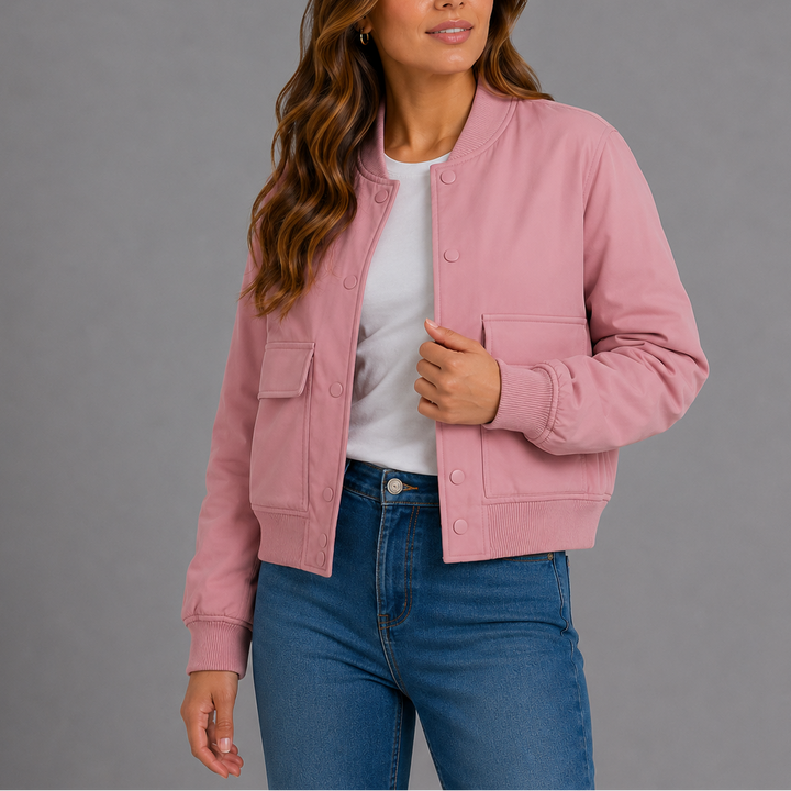 Womens Bomber Jacket with Round Neck Zip Front and Patch Pockets