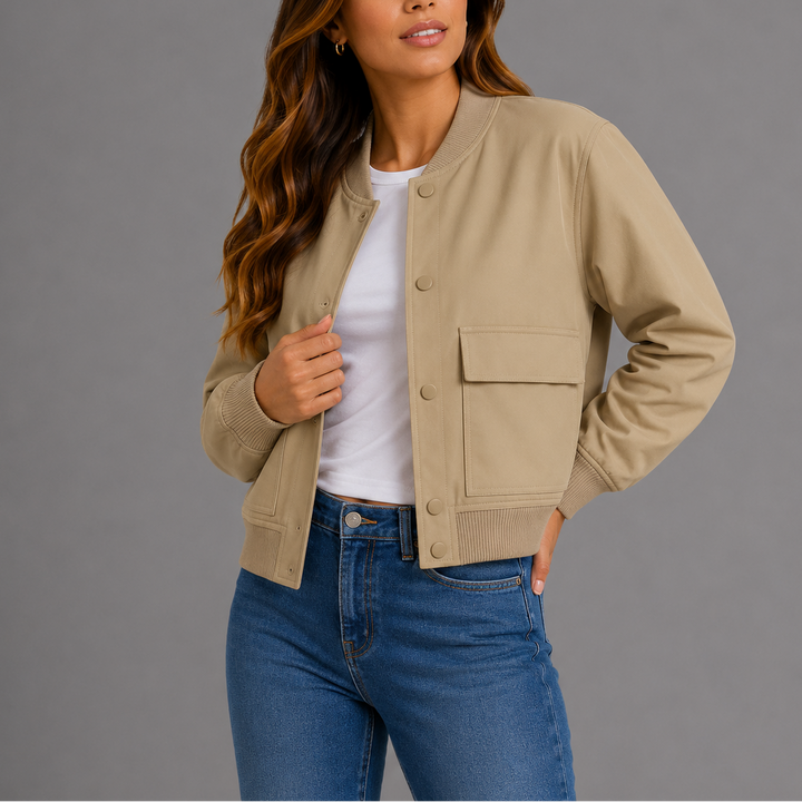 Womens Bomber Jacket with Round Neck Zip Front and Patch Pockets
