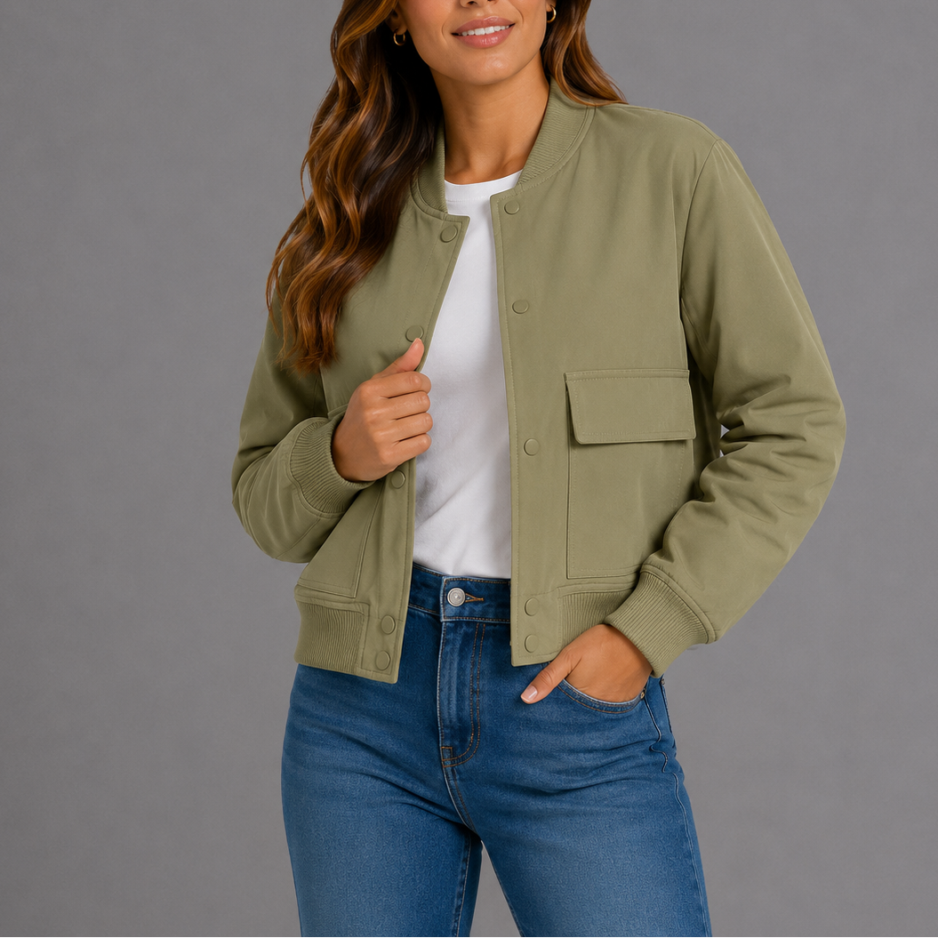 Womens Bomber Jacket with Round Neck Zip Front and Patch Pockets