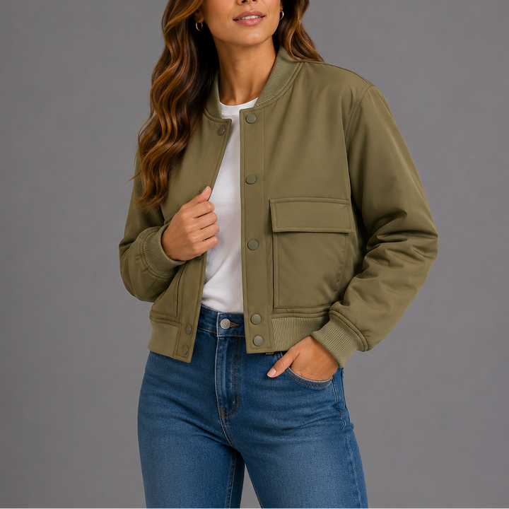 Womens Bomber Jacket with Round Neck Zip Front and Patch Pockets