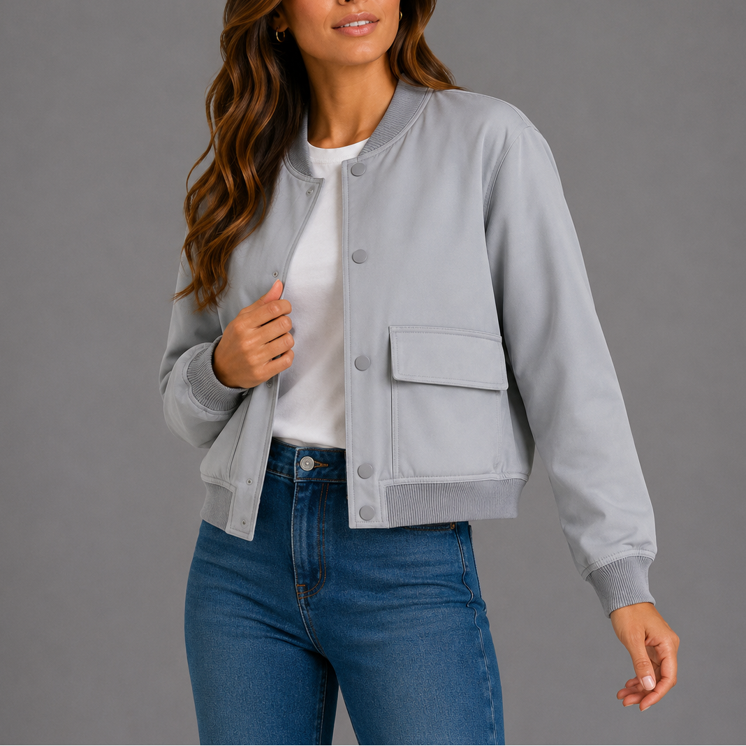 Womens Bomber Jacket with Round Neck Zip Front and Patch Pockets