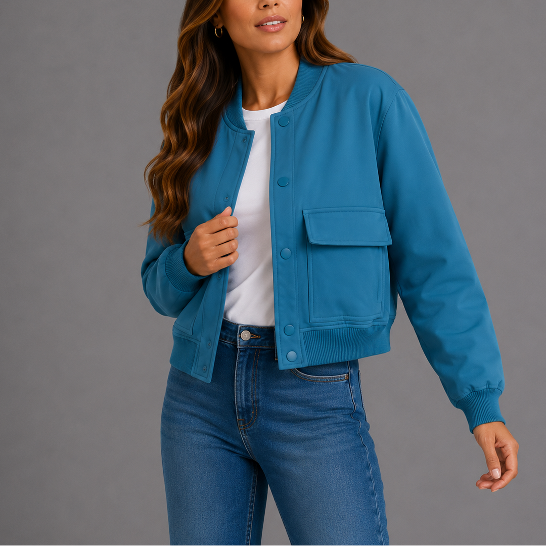 Womens Bomber Jacket with Round Neck Zip Front and Patch Pockets