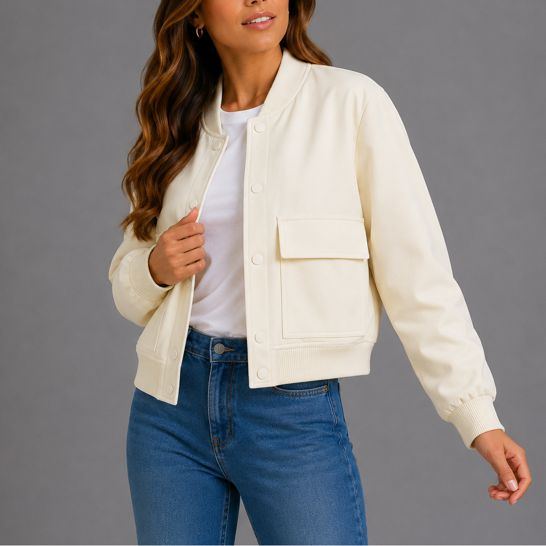 Womens Bomber Jacket with Round Neck Zip Front and Patch Pockets