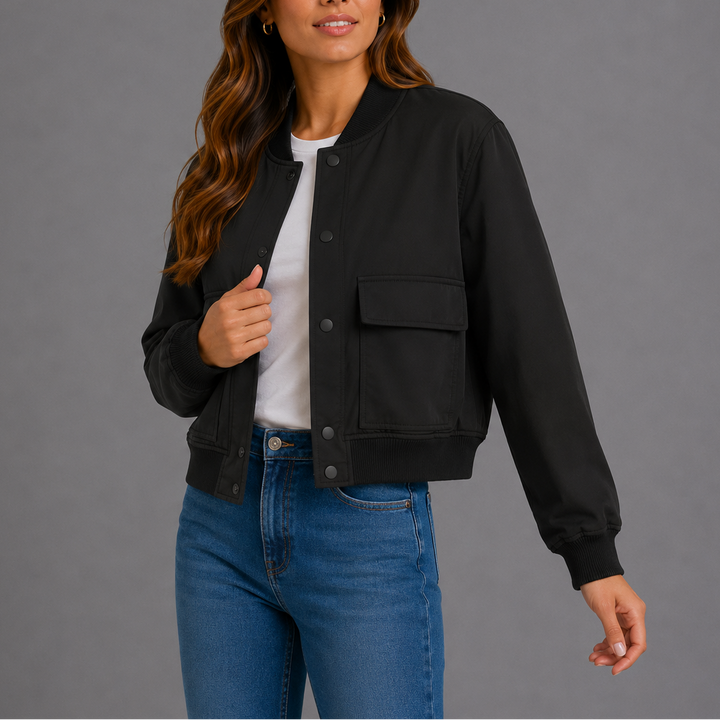 Womens Bomber Jacket with Round Neck Zip Front and Patch Pockets
