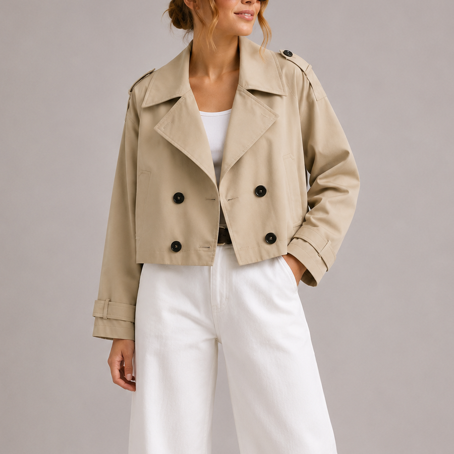 Womens Cropped Double Breasted Jacket with Notch Lapel and Button Front