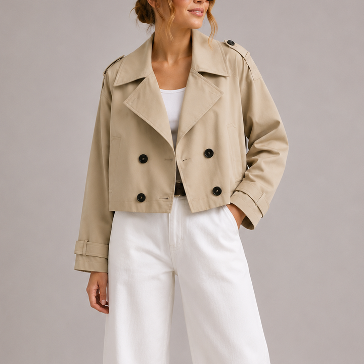 Womens Cropped Double Breasted Jacket with Notch Lapel and Button Front