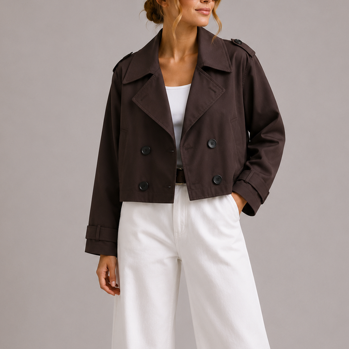 Womens Cropped Double Breasted Jacket with Notch Lapel and Button Front