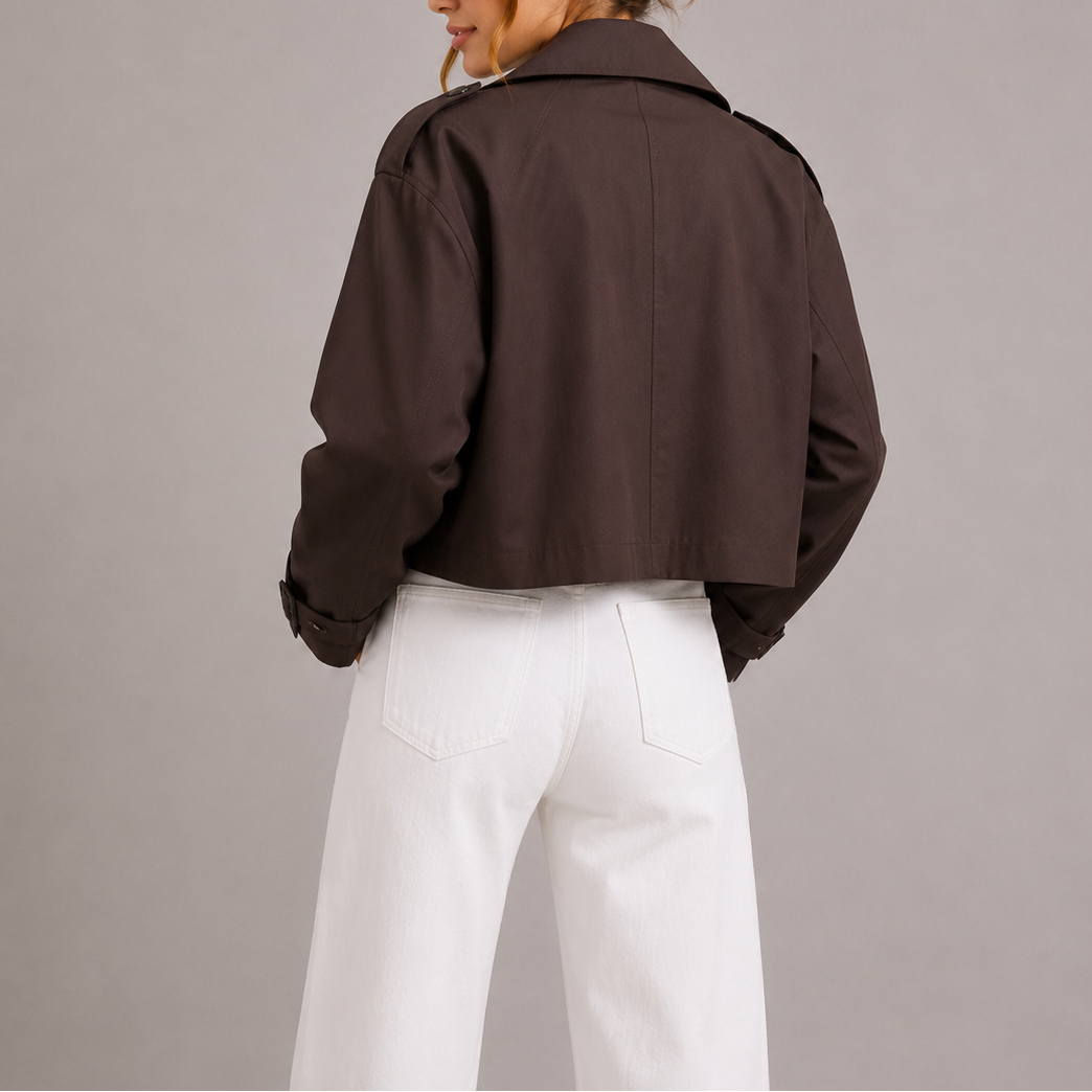 Womens Cropped Double Breasted Jacket with Notch Lapel and Button Front
