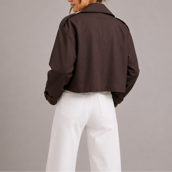 Womens Cropped Double Breasted Jacket with Notch Lapel and Button Front